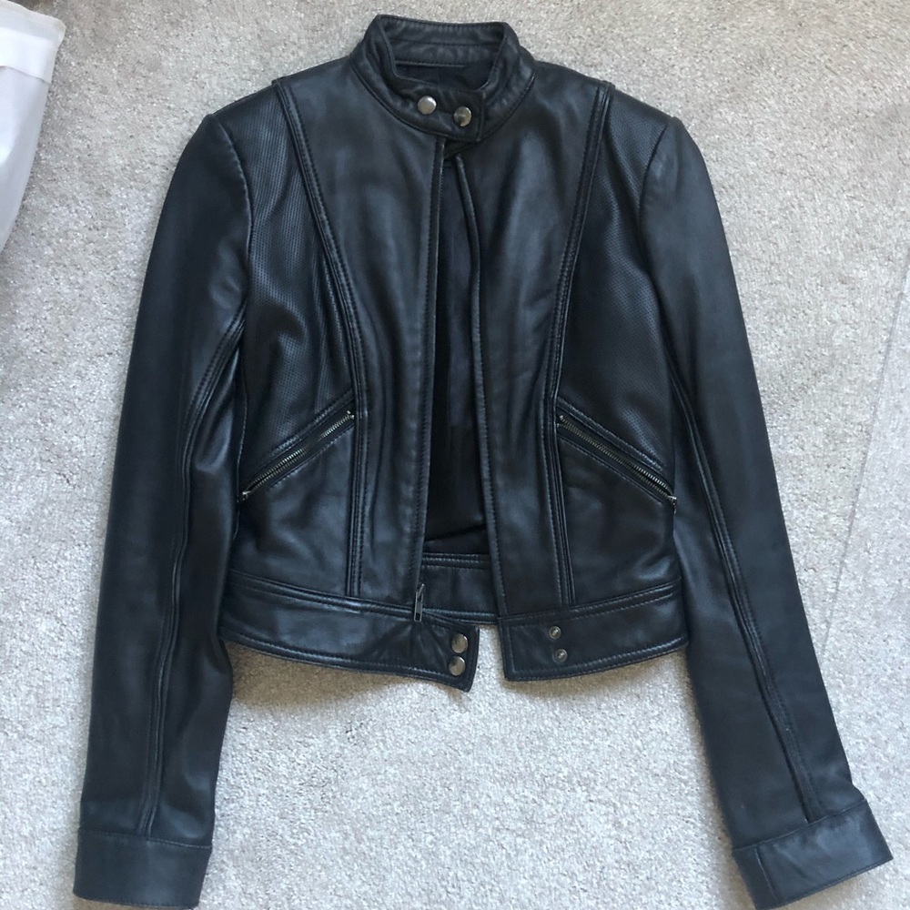 BCBG Max Azria Black Leather Jacket Size 0